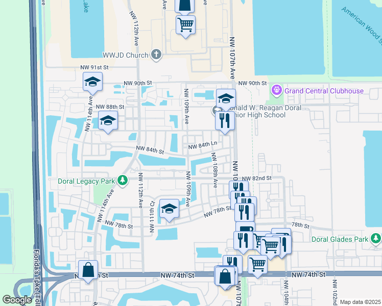 map of restaurants, bars, coffee shops, grocery stores, and more near 10868 Northwest 84th Street in Doral