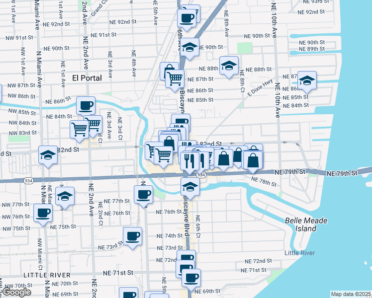 map of restaurants, bars, coffee shops, grocery stores, and more near 8103 Biscayne Boulevard in Miami
