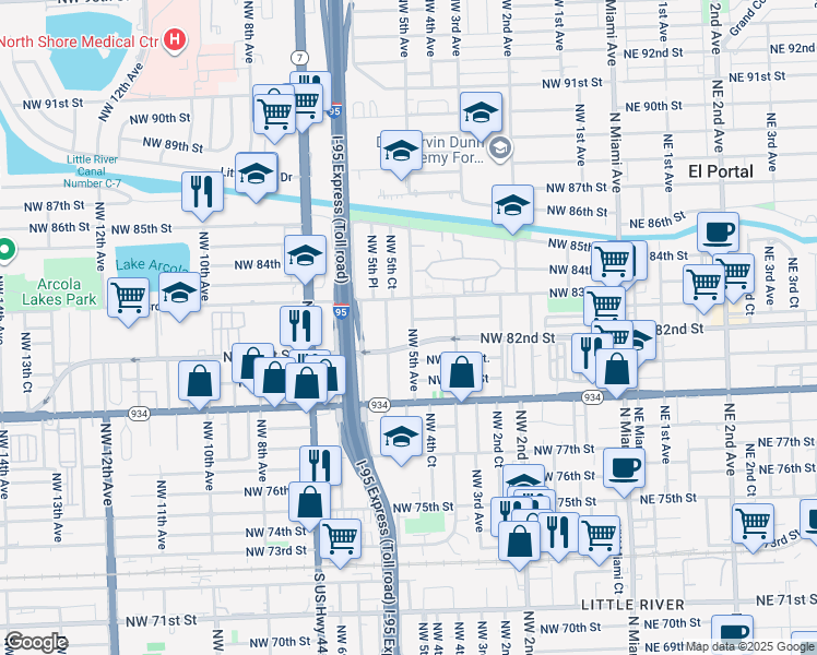 map of restaurants, bars, coffee shops, grocery stores, and more near 8125 Northwest 5 Avenue in Miami
