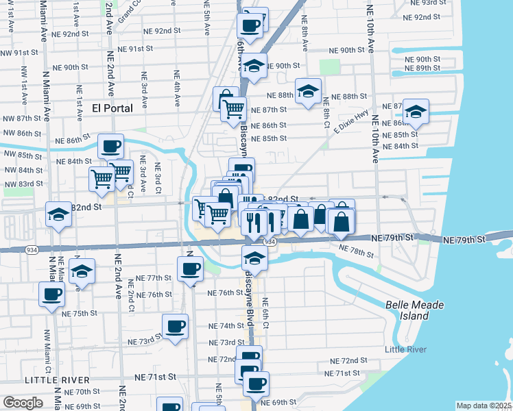 map of restaurants, bars, coffee shops, grocery stores, and more near 620 Northeast 81st Street in Miami
