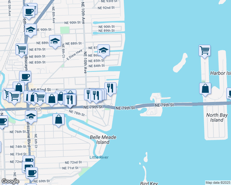 map of restaurants, bars, coffee shops, grocery stores, and more near 1242 Northeast 81st Terrace in Miami