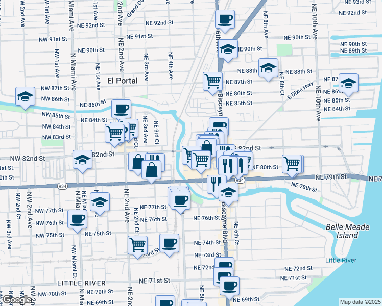 map of restaurants, bars, coffee shops, grocery stores, and more near 428 Northeast Little River Drive in Miami