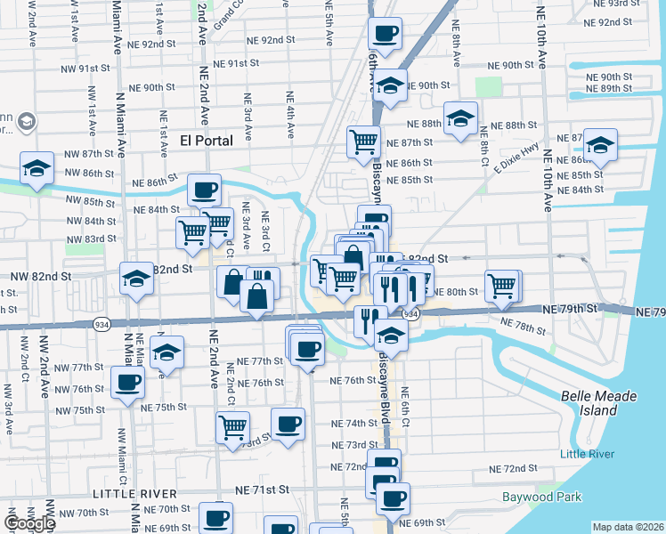 map of restaurants, bars, coffee shops, grocery stores, and more near 428 Northeast Little River Drive in Miami