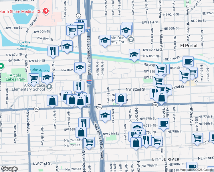 map of restaurants, bars, coffee shops, grocery stores, and more near 8125 Northwest 5 Avenue in Miami