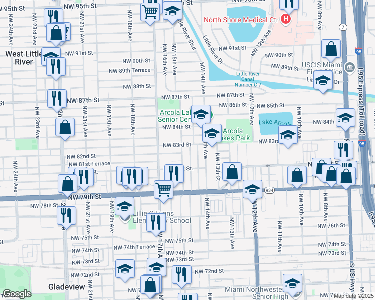 map of restaurants, bars, coffee shops, grocery stores, and more near 8152 Northwest 14th Place in Miami