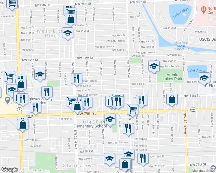 map of restaurants, bars, coffee shops, grocery stores, and more near 1876 Northwest 82nd Street in Miami