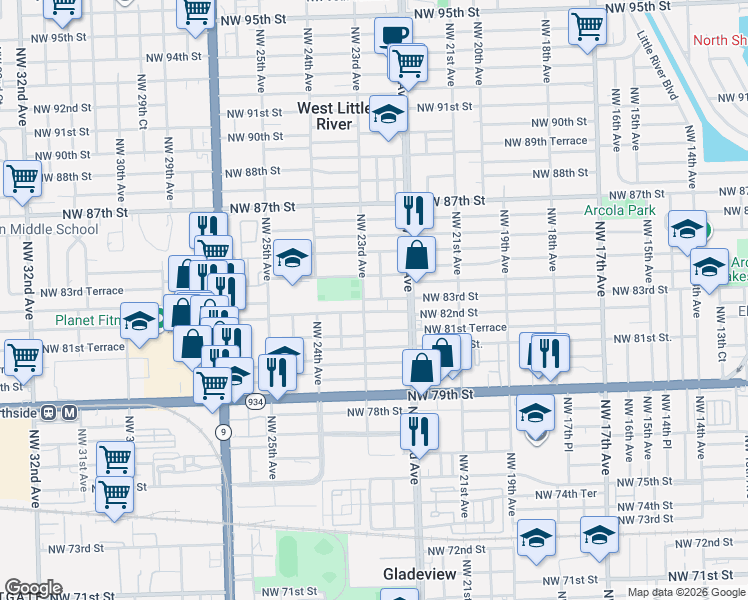 map of restaurants, bars, coffee shops, grocery stores, and more near 2245 Northwest 82nd Street in Miami