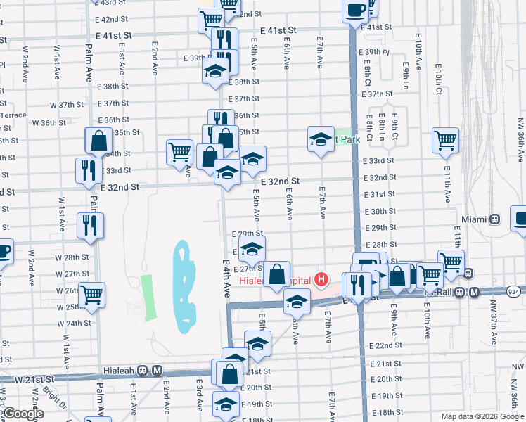 map of restaurants, bars, coffee shops, grocery stores, and more near 498 East 30th Street in Hialeah