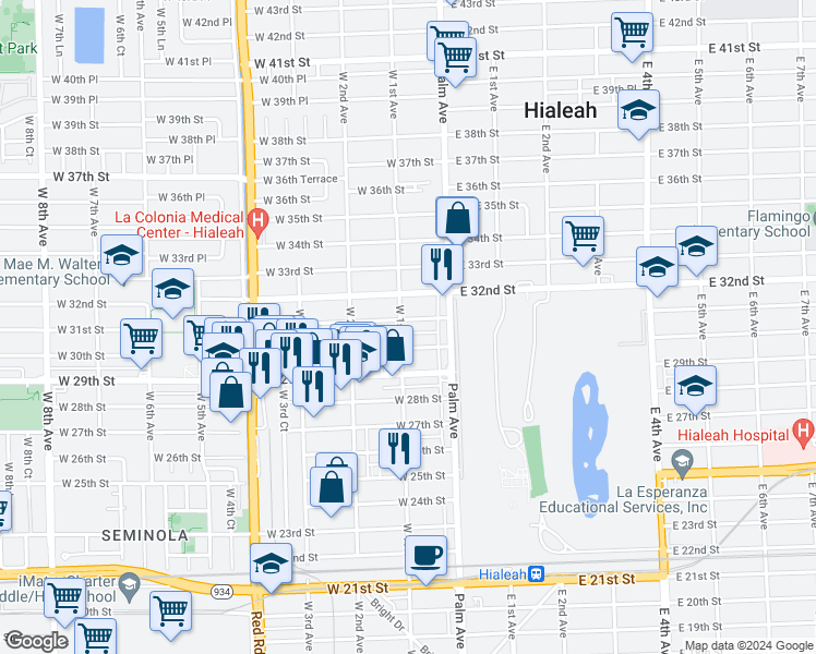 map of restaurants, bars, coffee shops, grocery stores, and more near 3010 West 1st Avenue in Hialeah