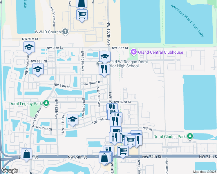 map of restaurants, bars, coffee shops, grocery stores, and more near 10763 Northwest 83rd Terrace in Doral