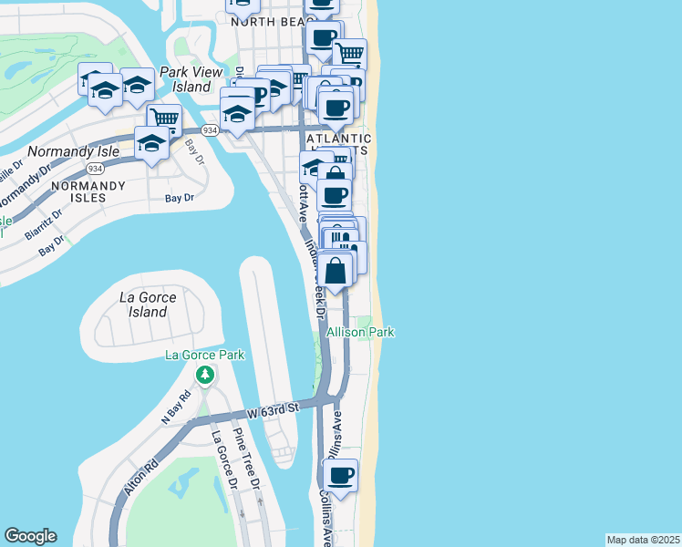 map of restaurants, bars, coffee shops, grocery stores, and more near 6574 Collins Avenue in Miami Beach