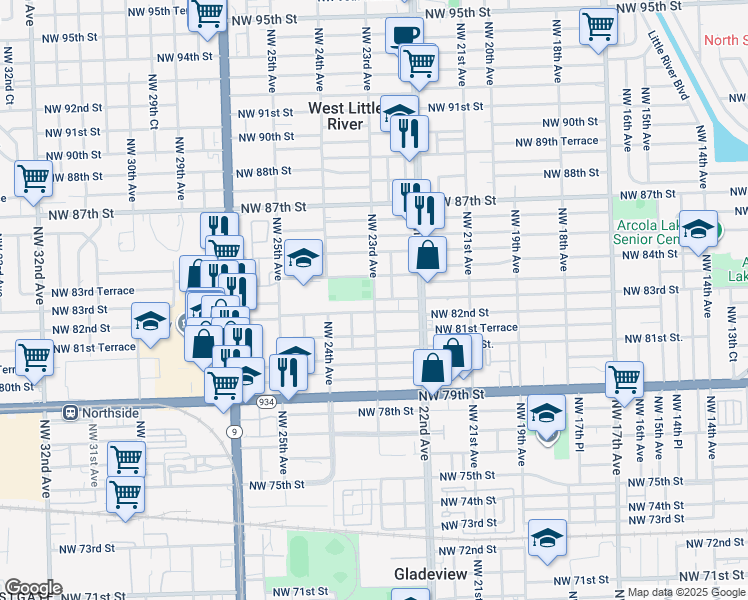 map of restaurants, bars, coffee shops, grocery stores, and more near 8300 Northwest 23rd Avenue in Miami