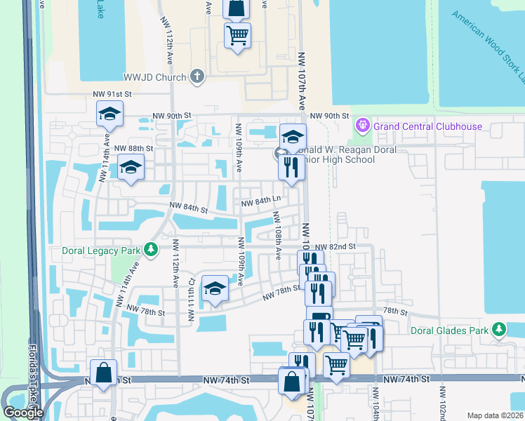 map of restaurants, bars, coffee shops, grocery stores, and more near 8403 Northwest 108th Place in Doral