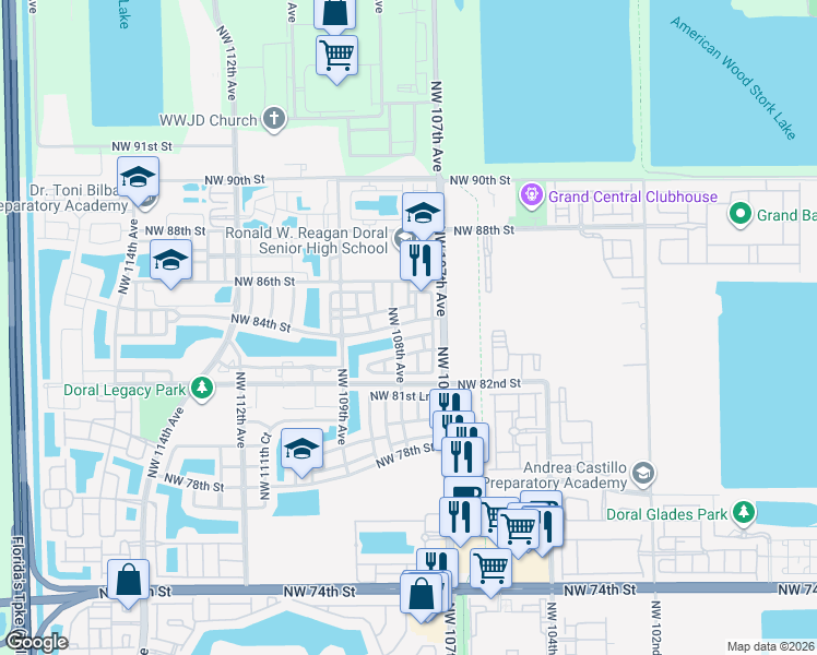 map of restaurants, bars, coffee shops, grocery stores, and more near 10763 Northwest 83rd Terrace in Doral