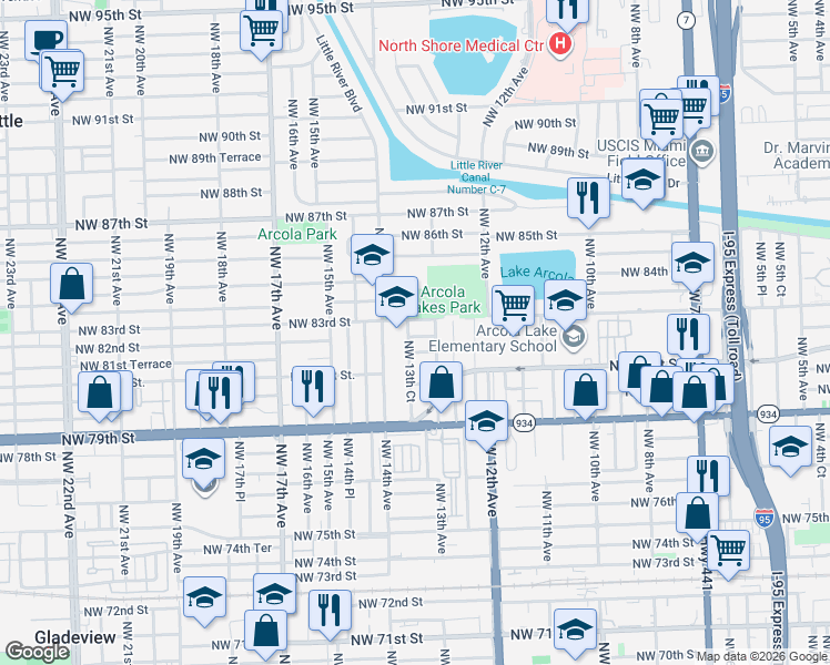 map of restaurants, bars, coffee shops, grocery stores, and more near 1331 Northwest 81st Terrace in Miami