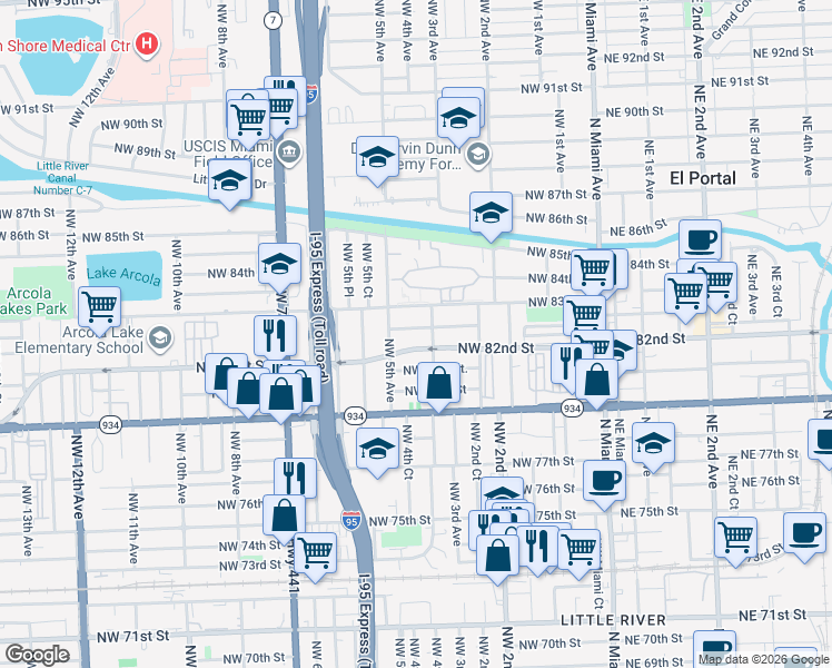 map of restaurants, bars, coffee shops, grocery stores, and more near 428 Northwest 82nd Terrace in Miami
