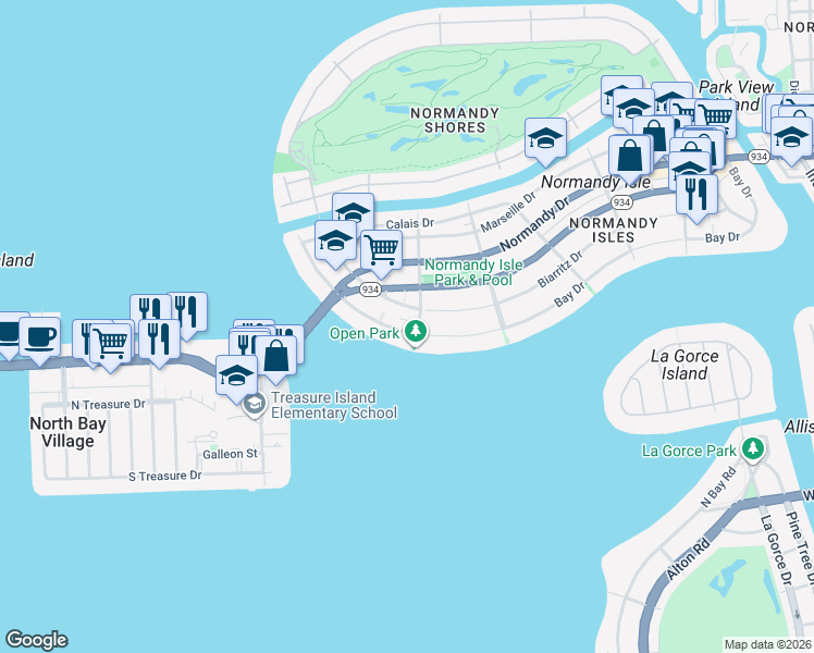 map of restaurants, bars, coffee shops, grocery stores, and more near 1919 Bay Drive in Miami Beach