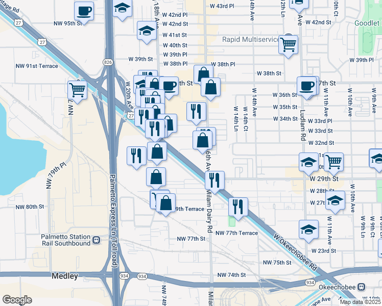 map of restaurants, bars, coffee shops, grocery stores, and more near 3001 Okeechobee Road in Hialeah