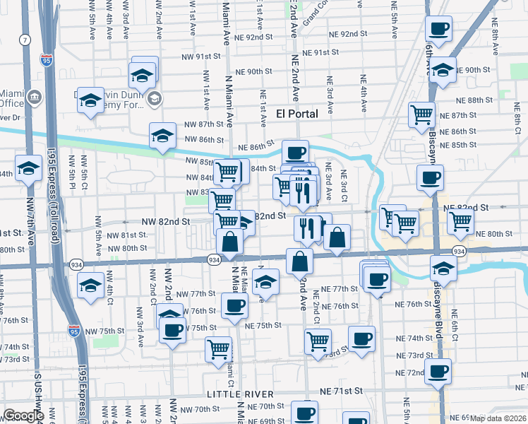 map of restaurants, bars, coffee shops, grocery stores, and more near 142 Northeast 82nd Street in Miami