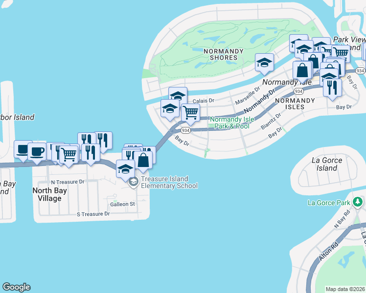 map of restaurants, bars, coffee shops, grocery stores, and more near 1990 Bay Drive in Miami Beach