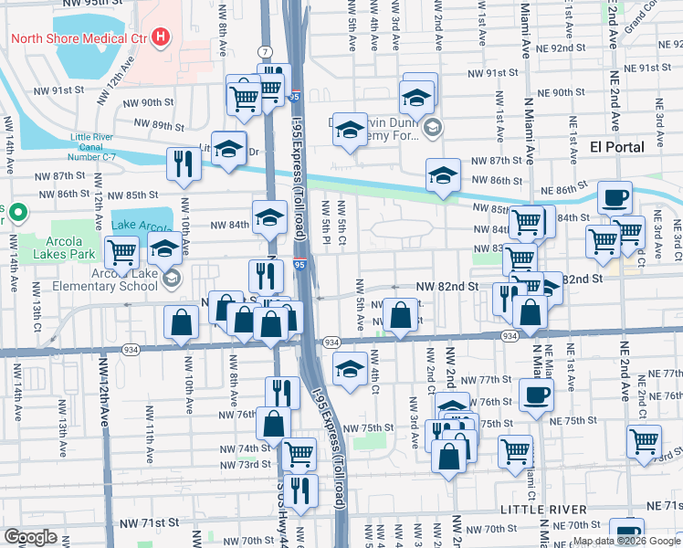 map of restaurants, bars, coffee shops, grocery stores, and more near in Miami Shores