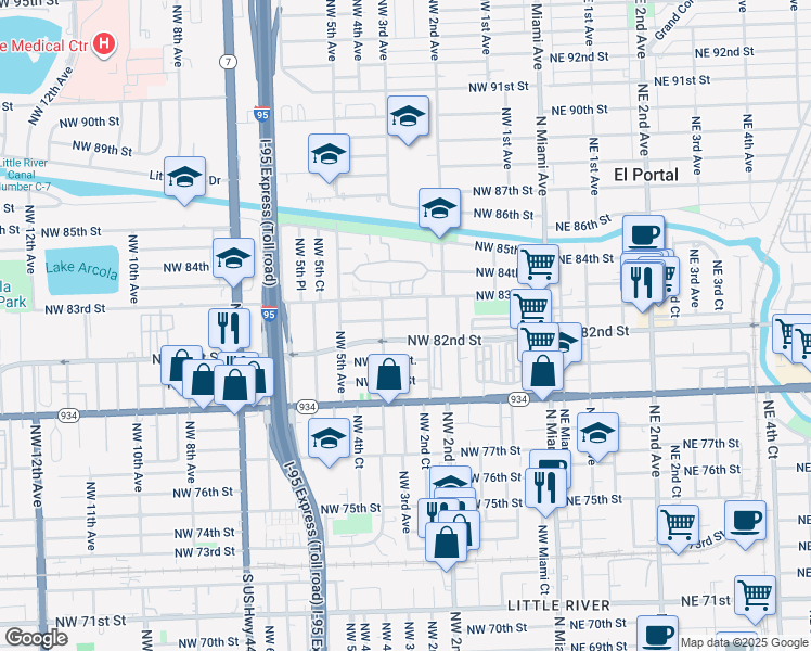 map of restaurants, bars, coffee shops, grocery stores, and more near 8226 Northwest 2nd Court in Miami