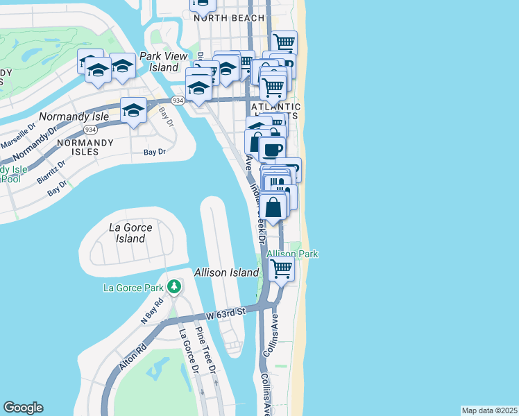 map of restaurants, bars, coffee shops, grocery stores, and more near 6574 Collins Avenue in Miami Beach