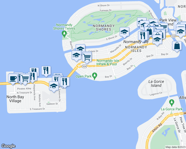 map of restaurants, bars, coffee shops, grocery stores, and more near 1910 Bay Drive in Miami Beach