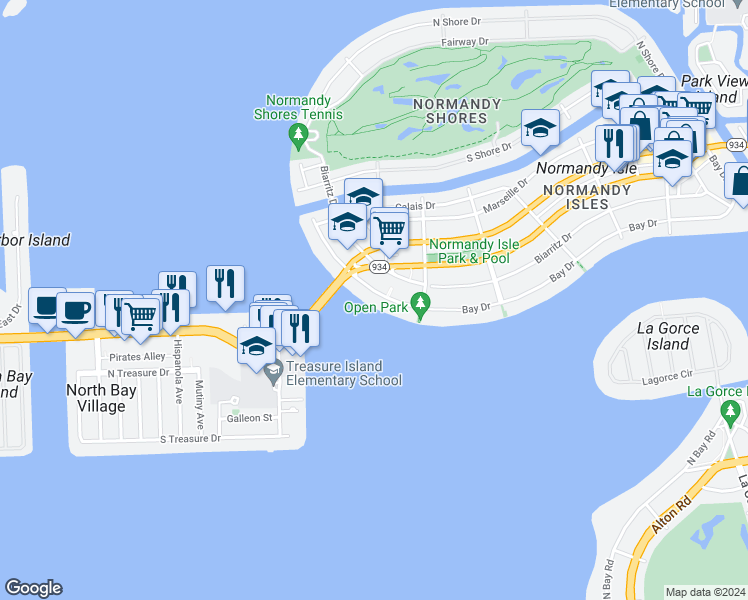 map of restaurants, bars, coffee shops, grocery stores, and more near 1990 Bay Drive in Miami Beach