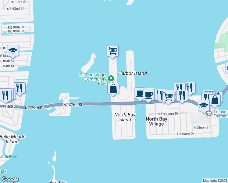 map of restaurants, bars, coffee shops, grocery stores, and more near 7908 West Drive in North Bay Village