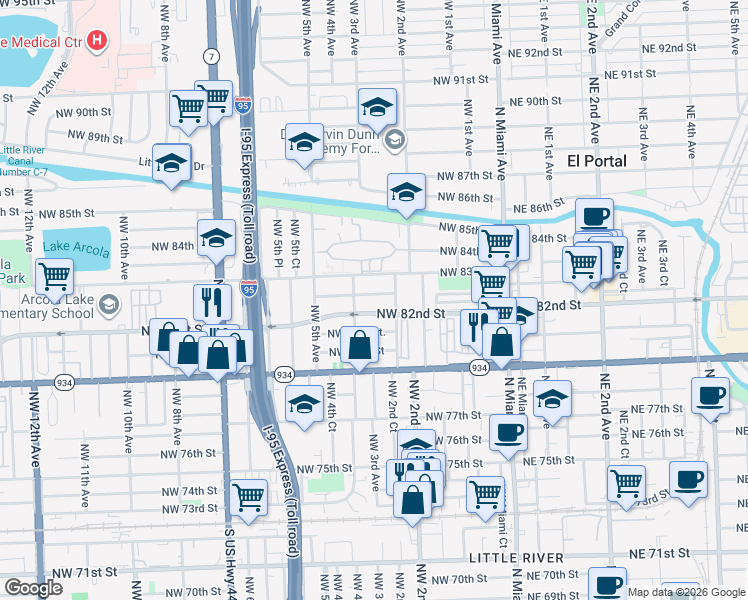 map of restaurants, bars, coffee shops, grocery stores, and more near 8226 Northwest 2nd Court in Miami