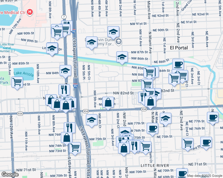 map of restaurants, bars, coffee shops, grocery stores, and more near 8201 Northwest 4th Avenue in Miami