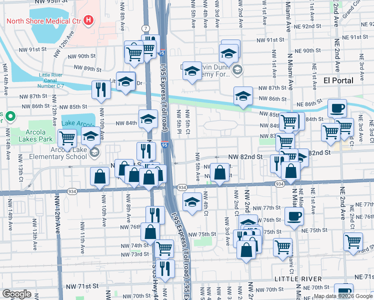 map of restaurants, bars, coffee shops, grocery stores, and more near in Miami Shores