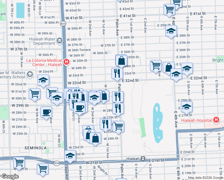 map of restaurants, bars, coffee shops, grocery stores, and more near 25 West 30th Street in Hialeah