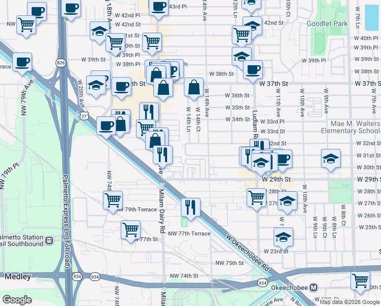 map of restaurants, bars, coffee shops, grocery stores, and more near 5 West 31st Street in Hialeah