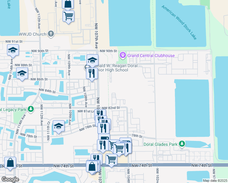 map of restaurants, bars, coffee shops, grocery stores, and more near 10472 Northwest 82nd Street in Doral