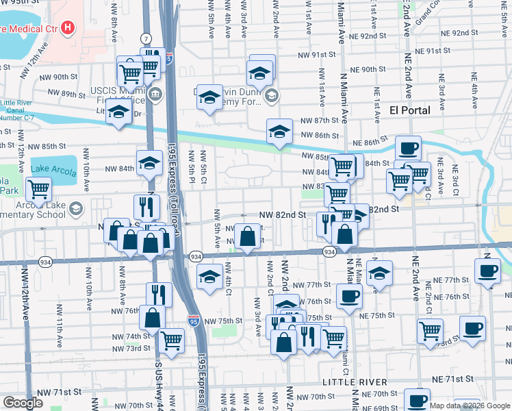 map of restaurants, bars, coffee shops, grocery stores, and more near 8201 Northwest 4th Avenue in Miami