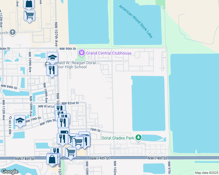 map of restaurants, bars, coffee shops, grocery stores, and more near 8400 Northwest 102nd Avenue in Doral