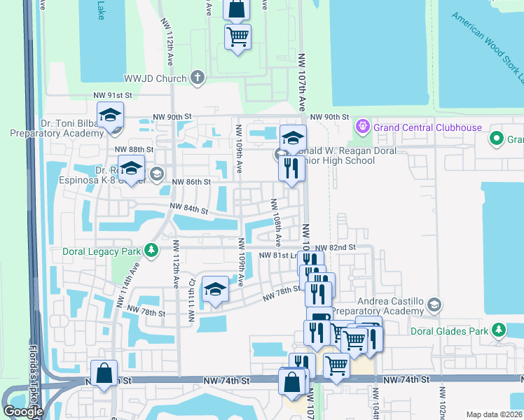 map of restaurants, bars, coffee shops, grocery stores, and more near 10820 Northwest 84th Street in Doral
