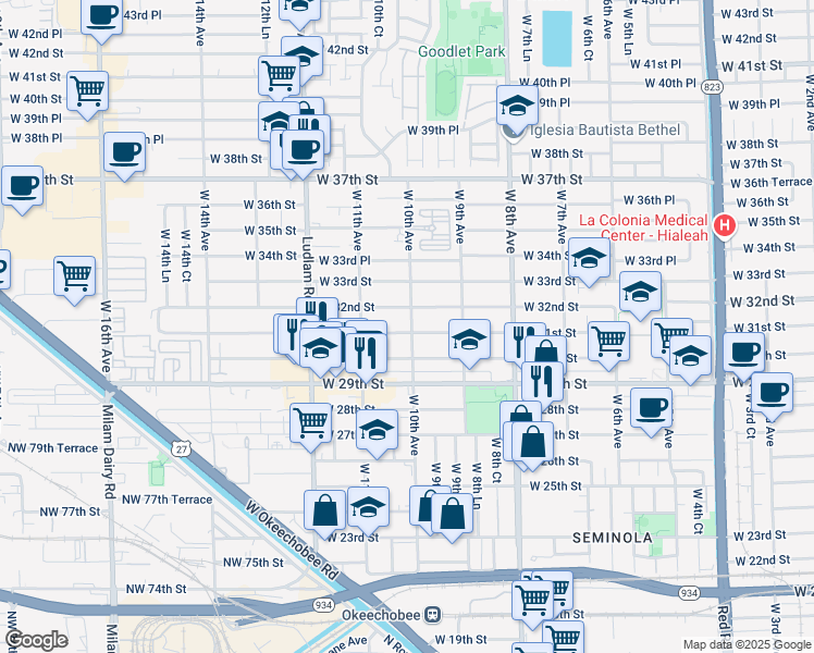 map of restaurants, bars, coffee shops, grocery stores, and more near 1005 West 31st Street in Hialeah