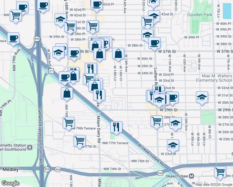 map of restaurants, bars, coffee shops, grocery stores, and more near 5 West 31st Street in Hialeah
