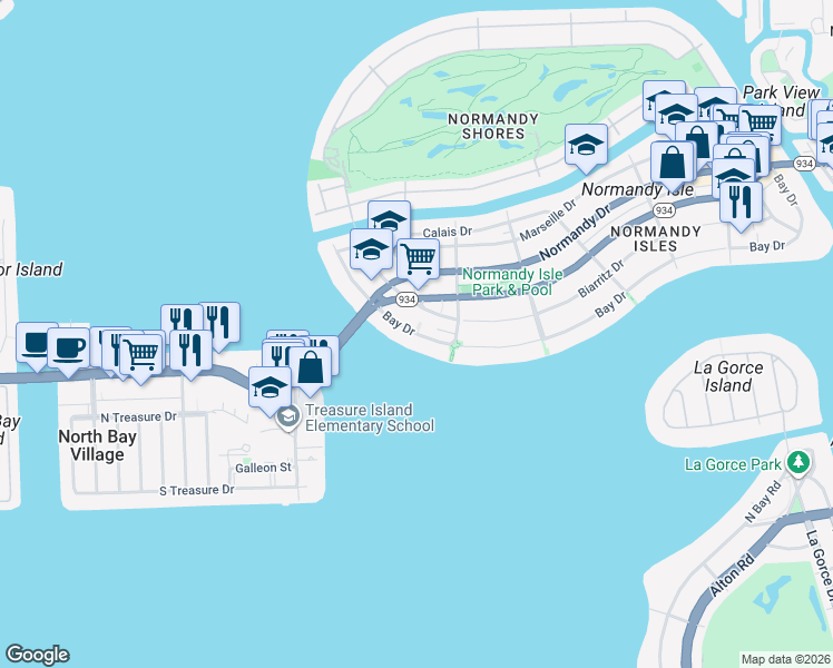 map of restaurants, bars, coffee shops, grocery stores, and more near 1990 Bay Drive in Miami Beach
