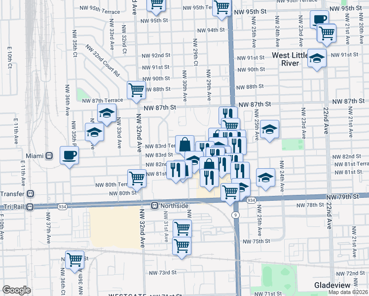 map of restaurants, bars, coffee shops, grocery stores, and more near 3000 Northwest 83rd Terrace in Miami