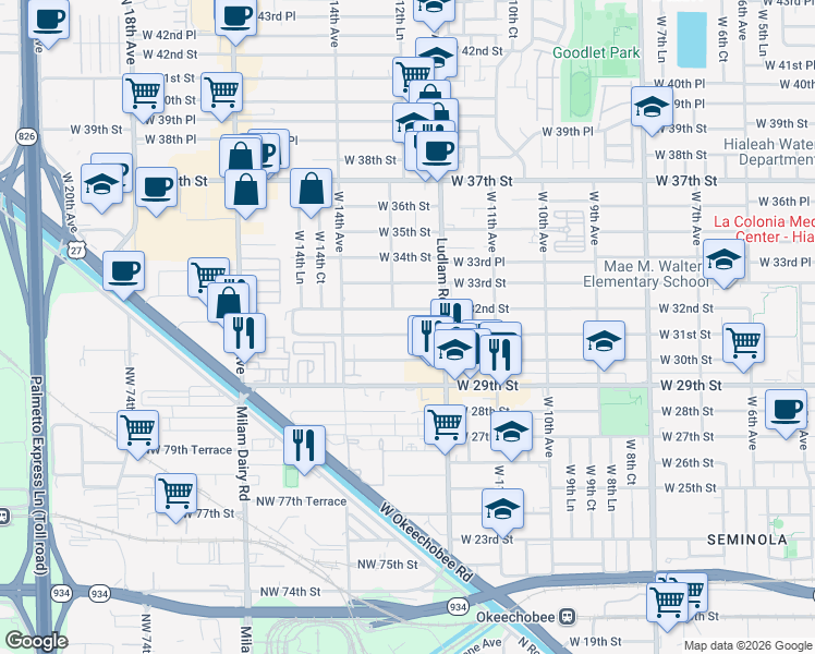 map of restaurants, bars, coffee shops, grocery stores, and more near 1300 West 31st Street in Hialeah