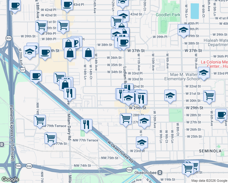 map of restaurants, bars, coffee shops, grocery stores, and more near 1300 West 31st Street in Hialeah