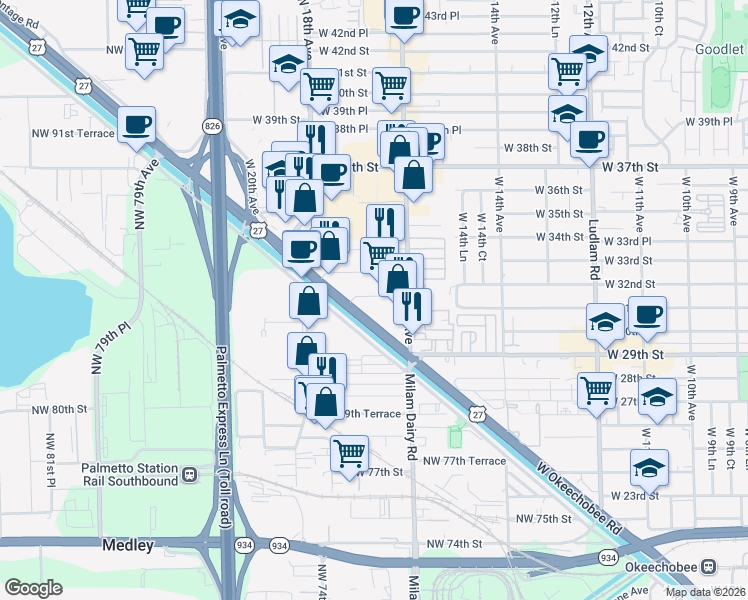 map of restaurants, bars, coffee shops, grocery stores, and more near 3001 Okeechobee Road in Hialeah