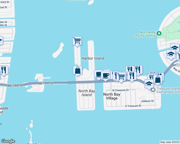 map of restaurants, bars, coffee shops, grocery stores, and more near 7900 Harbor Island Drive in North Bay Village