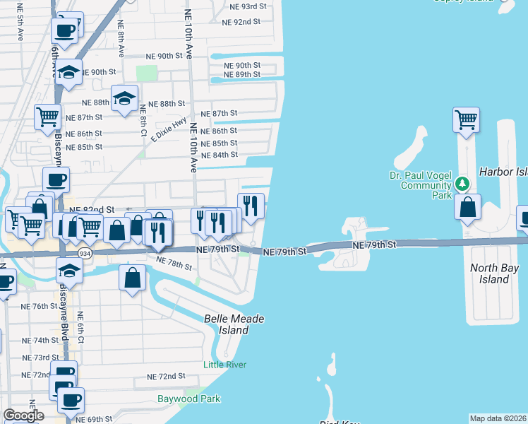map of restaurants, bars, coffee shops, grocery stores, and more near 8031 Northeast Bayshore Court in Miami
