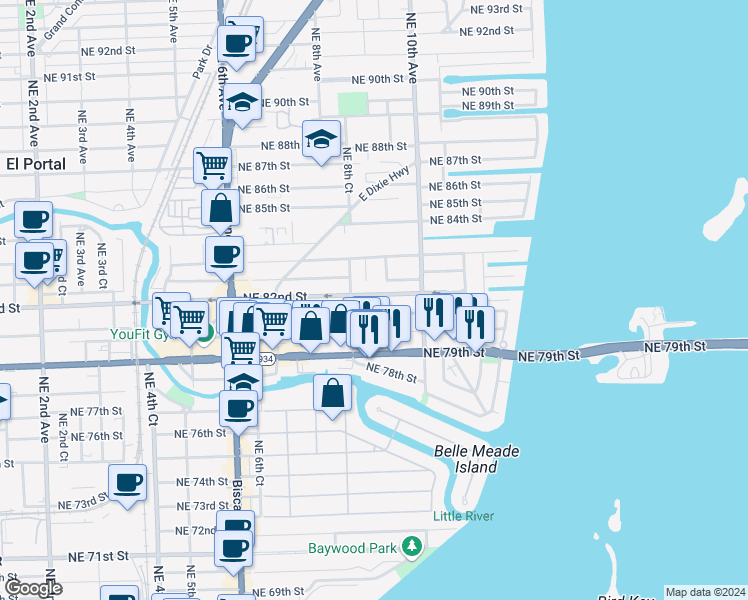 map of restaurants, bars, coffee shops, grocery stores, and more near 894 Northeast 81st Street in Miami