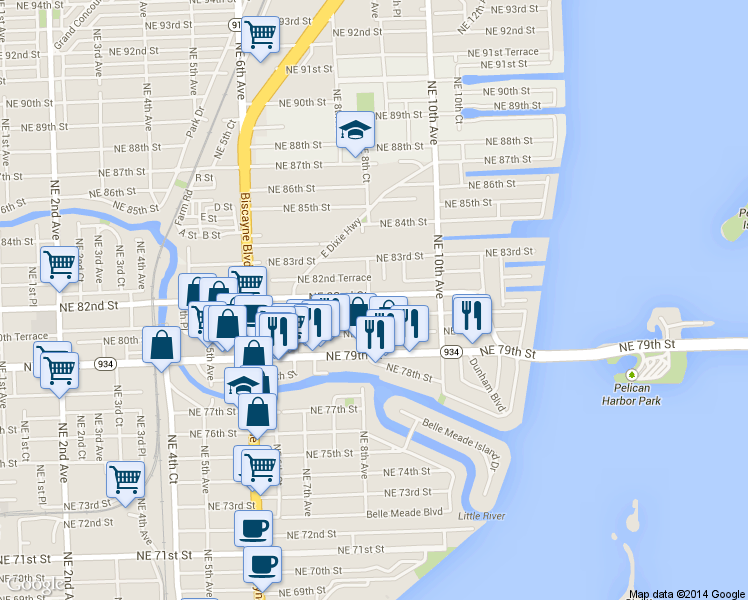 map of restaurants, bars, coffee shops, grocery stores, and more near 848 Northeast 81st Street in Miami